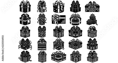 Black and white ornate gift boxes and holiday present icons with bows and ribbons set isolated on white