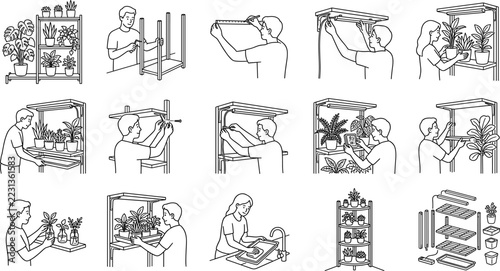 Set of line art illustrations of people assembling indoor plant shelves and gardening at home