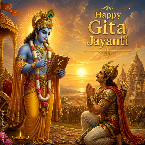Krishna and devotee celebrating happy gita jayanti with sacred text temple background sunny landscape