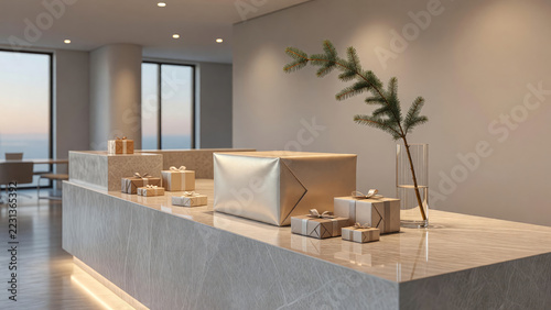 Wrapped gift boxes arranged on a marble counter in a modern coastal interior. Elegant holiday gift display. Luxury retail and seasonal shopping. Minimalist festive decor and gift giving