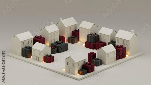 Miniature houses surrounded by wrapped presents and candles. Holiday village and gift giving concept. Christmas celebration, seasonal shopping and festive home decor. Isometric illustration.