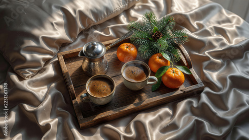 Two cups of coffee with mandarins and fir branches on a wooden tray. Festive winter refreshments. Christmas season still life. Cozy holiday hospitality and seasonal food styling.