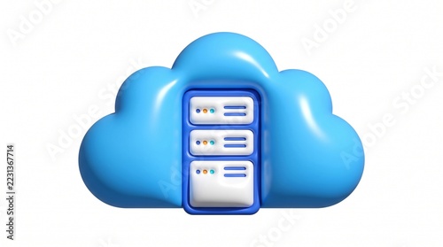 Blue 3d cloud icon with a computer server rack inside representing modern cloud computing and digital data storage