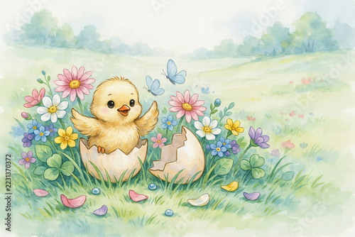 A tiny yellow chick hatching from an eggshell in a vibrant spring meadow with colorful flowers and blue butterflies under a soft sky isolated on a transparent background