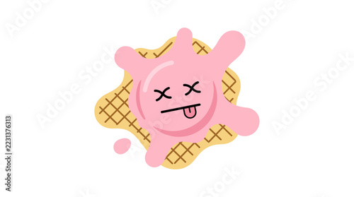 Vector illustration of a melted pink strawberry ice cream splash with a comical dead emoji face and tongue out on a golden brown waffle pattern isolated on a white background