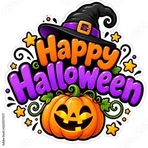 Cute Halloween design with colorful lettering, smiling pumpkin, witch hat, and stars. Perfect for stickers, T-shirts, and decorations.