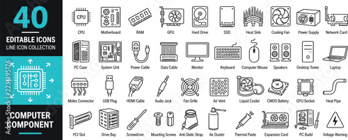 Fotografie Computer Hardware and Components Editable Line Icon Set