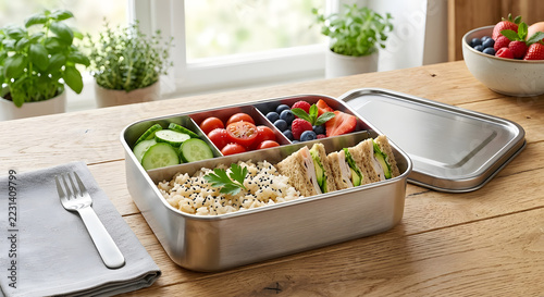 Healthy meal prep lunchbox with turkey sandwich, brown rice, fresh berries, and vegetables in stainless steel bento box.