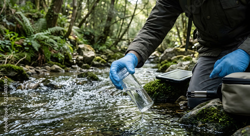 Environmental scientist taking a water sample from a forest stream, scientist in blue gloves testing water quality.