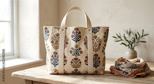 Floral block-printed canvas tote bag with leather handles on a rustic wooden table next to a matching scarf.