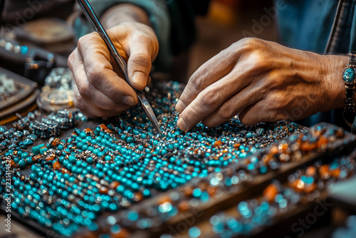 Jewelry maker working with luxury diamonds and gold chain, detailed craftsmanship in studio light, generative ai