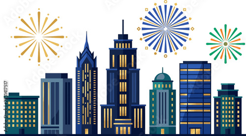 Modern city skyline with tall buildings and skyscrapers at night.