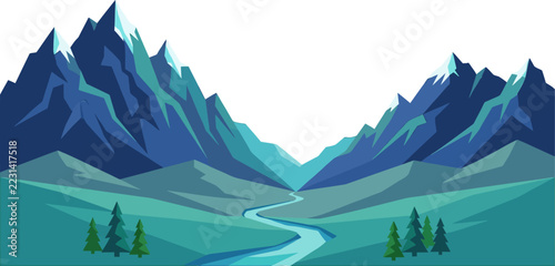 Majestic Blue Mountain Range Landscape Illustration with Winding River.