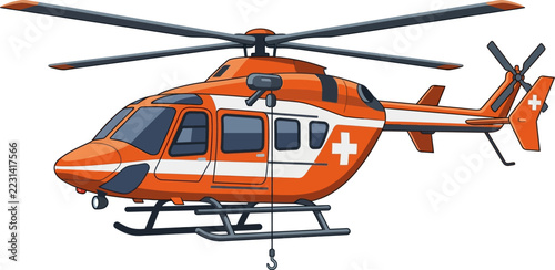 Orange medical rescue helicopter isolated on white background.