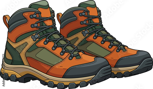 Pair of rugged orange and green hiking boots for outdoor adventure.