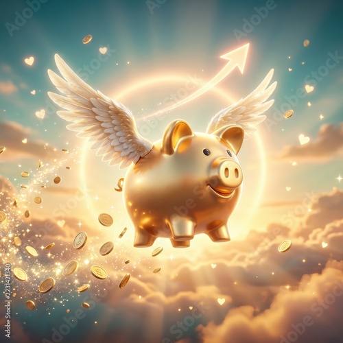 Flying Golden Piggy Bank – Savings Growth and Financial Freedom.