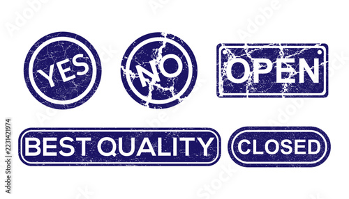 Blue vintage rubber stamp icon set with yes no open closed best quality text and distressed grunge texture