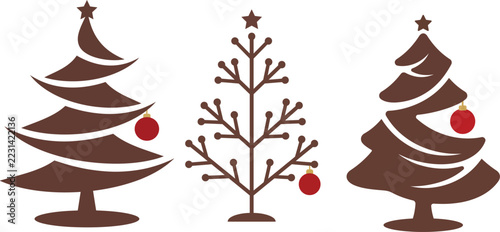 Minimalist Christmas Tree Vector Set with Brown Silhouettes and Red Ornaments