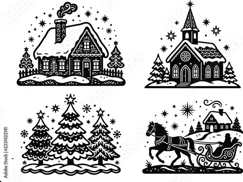 Christmas Winter Village and Santa Sleigh Black and White Vector Set