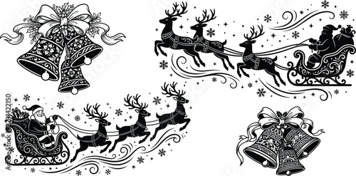 Christmas Bells and Santa Sleigh with Reindeer Black and White Vector Set