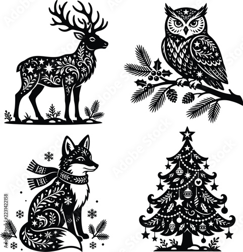 Christmas Woodland Animals and Tree Black Silhouette Vector Set
