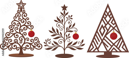 Decorative Christmas Tree Vector Set with Floral and Geometric Patterns