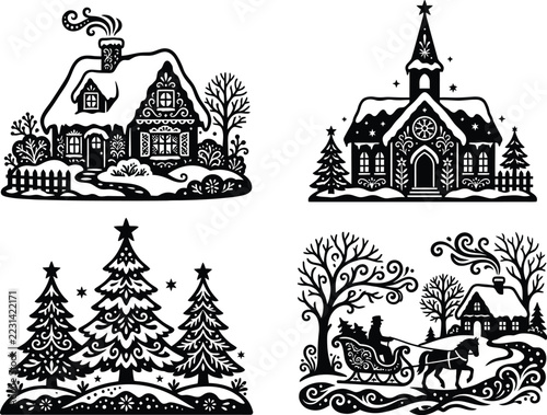 Christmas Winter Village and Santa Sleigh Black and White Vector Collection