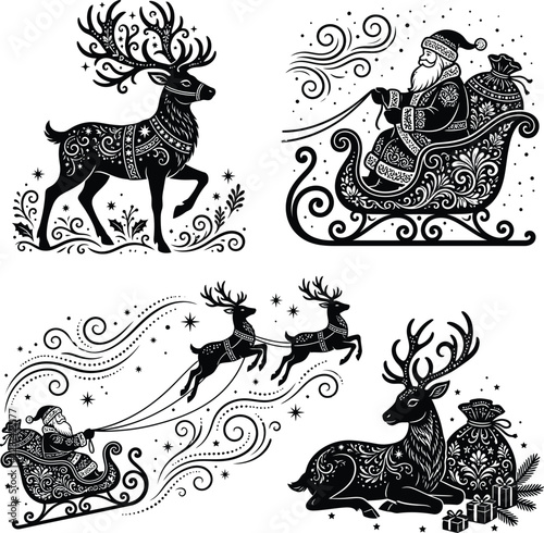 Christmas Reindeer and Santa Claus Sleigh Vector Set with Ornamental Winter Designs