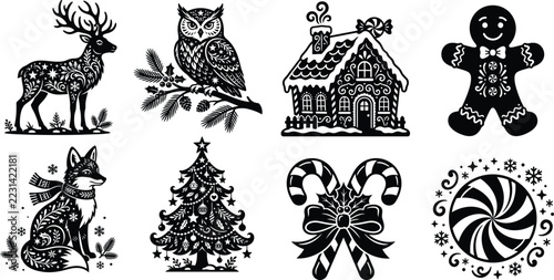 Christmas Holiday Icons Vector Set with Reindeer, Owl, Gingerbread House and Tree