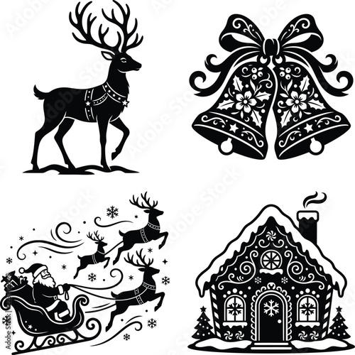 Christmas Vector Set with Reindeer, Decorative Bells, Santa Sleigh and Gingerbread House