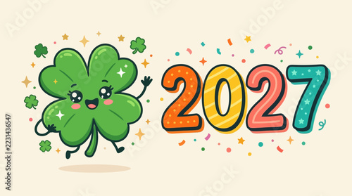 Four leaf clover beside concept illustration with colorful elements for creative decoration and seasonal celebration isolated background