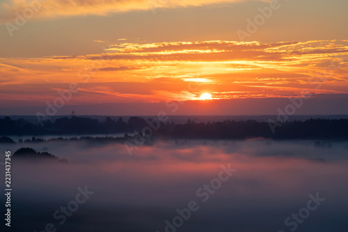 Beautiful aerial shot of a forest on a hill with beautiful mist in the distance shot at sunrise