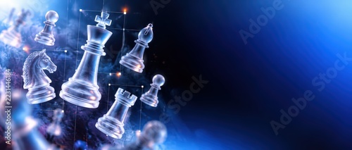 Floating translucent glass chess pieces king knight rook bishop and pawns on blue gradient background with copy space