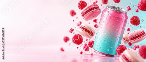 Pastel pink and turquoise soda can with floating raspberries and macarons, water droplets and copy space on pink background