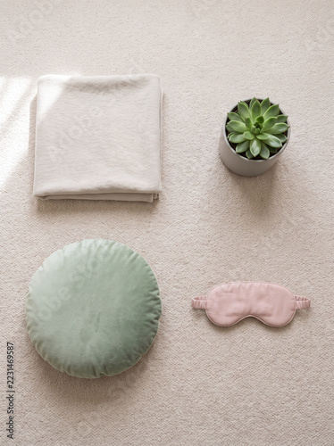 Flat lay of blanket, cushion, succulent and eye mask for office quiet zone wellness