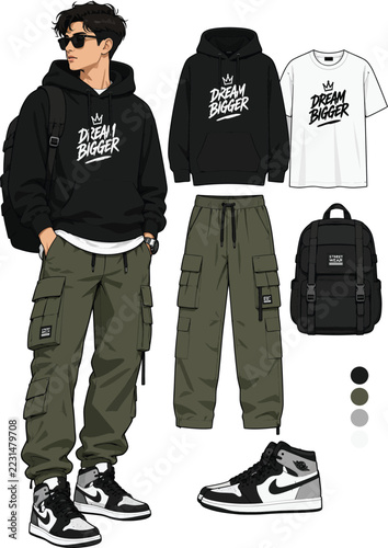 Stylish Young Man Wearing Urban Streetwear Fashion with Black Hoodie Olive Green Cargo Pants Sneakers Backpack and T-Shirt Mockup Set Vector Illustration, Trendy Casual Menswear Concept