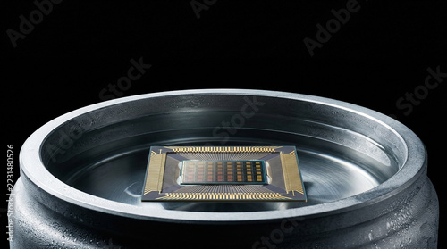 Quantum computing integrated circuit chip mounted inside a cryogenic cooling chamber for extreme low temperature semiconductor research