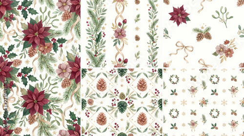 Luxury Christmas Botanical Watercolor Seamless Patterns with Poinsettias, Holly, Mistletoe and Pine Branches