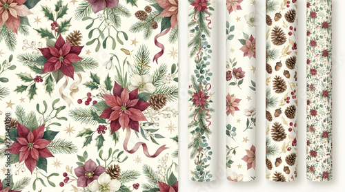 Premium Christmas Floral Watercolor Surface Patterns with Winter Greenery, Red Berries and Champagne Gold Accents