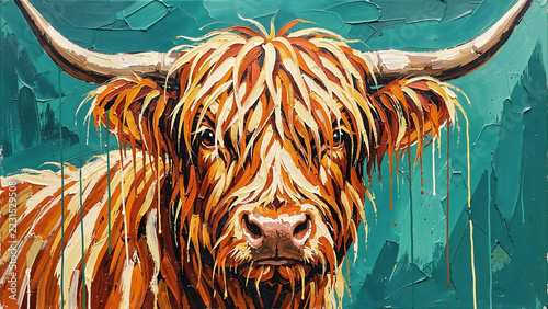 Colorful palette knife painting of a shaggy highland cow