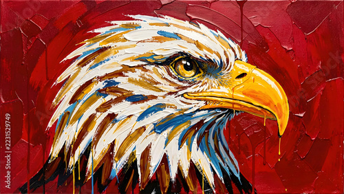 Colorful palette knife painting of a bald eagle head in profile