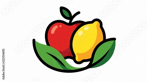 Colorful illustration of fresh red apple, yellow lemon with green leaves. Set of organic fruit icons for healthy food design. Bright juicy produce symbols for nutrition, diet, wellness, eco grocery