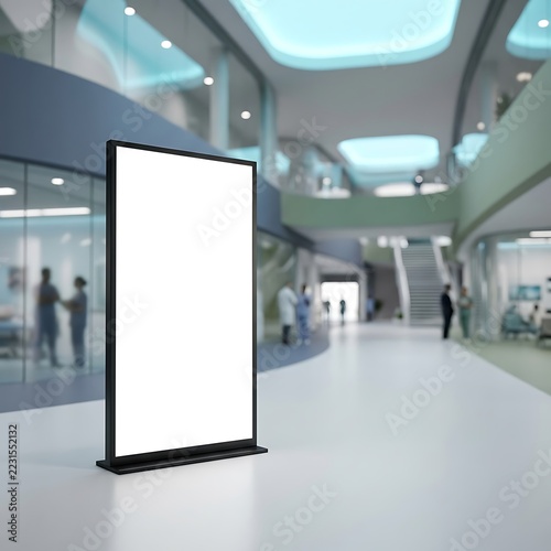 Modern hospital corridor with blank standing display screen