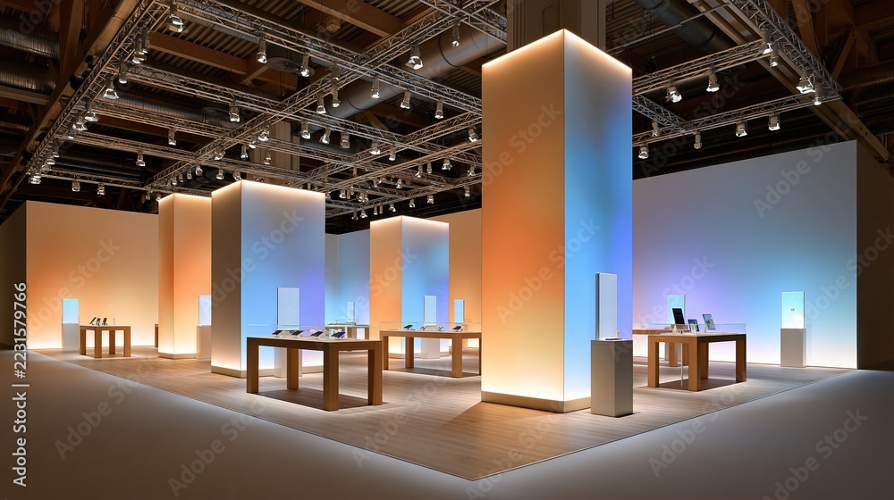 Fototapeta premium Modern exhibition booth with illuminated columns and display tables in a spacious convention hall