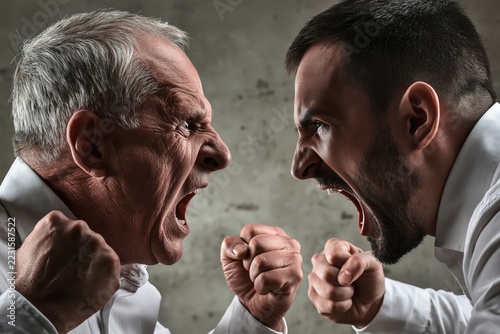 Two men of different generations facing each other aggressively with clenched fists and shouting in a heated argument indoors