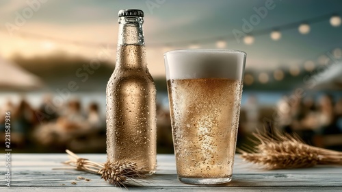 Pastel Beer Festival Still Life with Unbranded Beer Bottle and Barley