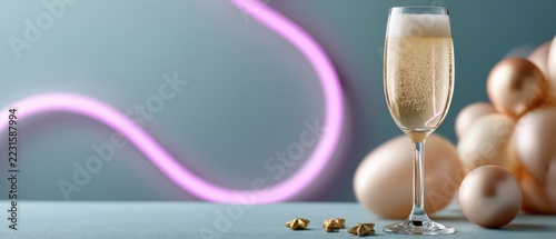 Sparkling wine glass on powder blue table with neon lights