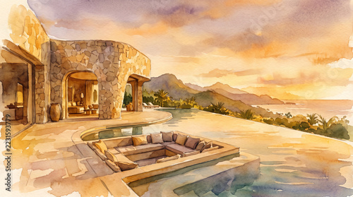 Luxury villa with infinity pool overlooking mountain sunset creates peaceful coastal retreat with warm stone architecture and inviting outdoor