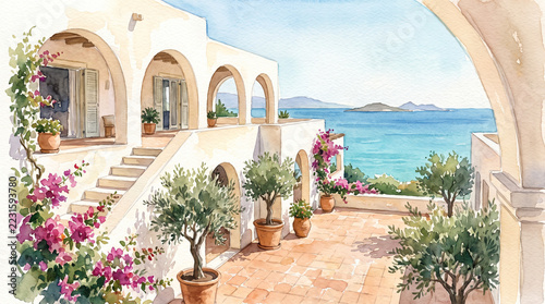 Mediterranean villa with sea view and flowering courtyard evoking peaceful summer travel through sunlit arches, terracotta tile, and coastal