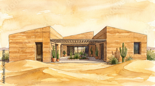 Modern desert residence, watercolor architectural illustration with cactus garden and warm sandstone walls beneath glowing sky